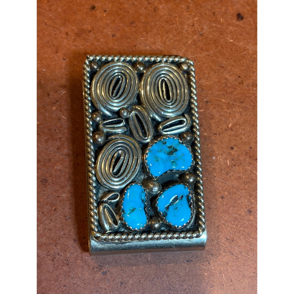 Vintage Southwestern Turquoise Sterling Silver Wirework Spiral Money Clip Mens